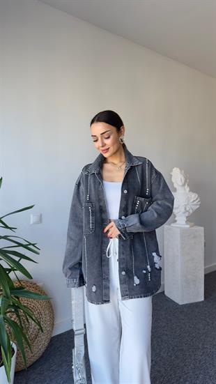 Tail Yırtık Ve Taş Detaylı Antrasit Jean Ceket