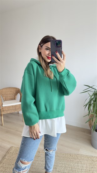 Gömlek Detaylı Yeşil Kapüşonlu Sweat