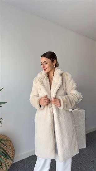 İçi Leopar Astarlı Ekru Peluş Kaban