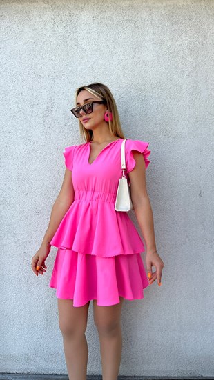 Kolları Volanlı V Pembe Yaka Elbise