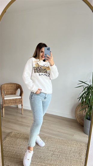Leopar Baskı Detaylı Şardonlu Beyaz Sweat
