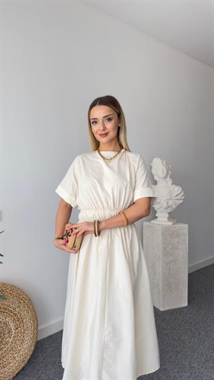Massi Model Garnili Bel Lastikli Bej Elbise 