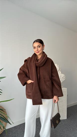 Yuthi Kaşkol Detaylı Astarlı Kahve Kaban