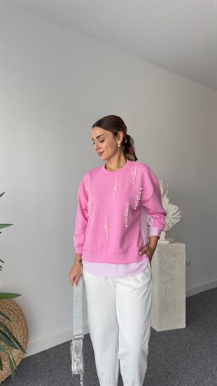 İnci Detaylı Sırt Poplin Pembe Modal Sweat