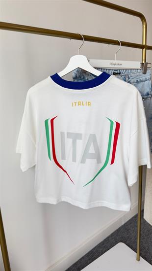 Italıa Baskı Mavi Ribanalı Beyaz Tshirt