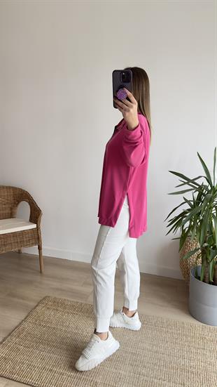 Fuşya Fermuarlı Mevsimlik Modal Sweat