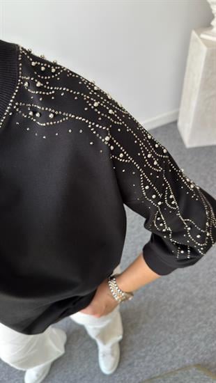 Siyah Gausi Kollar Taşlı Sweatshirt