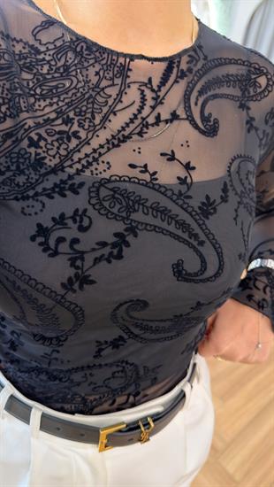 Siyah Mailes Desenli Transparan Bluz