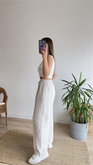 Keten Beli Lastikli Bej Pantolon