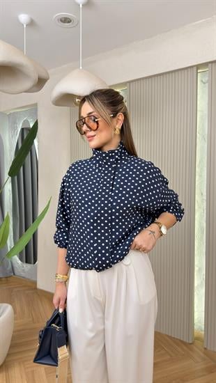 Polka Puantiye Desen Lacivert Ceket