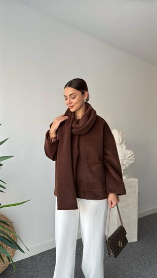 Yuthi Kaşkol Detaylı Astarlı Kahve Kaban