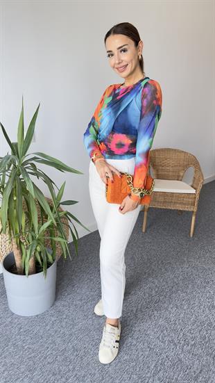 Yandan Büzgü Renkli Crop Bluz