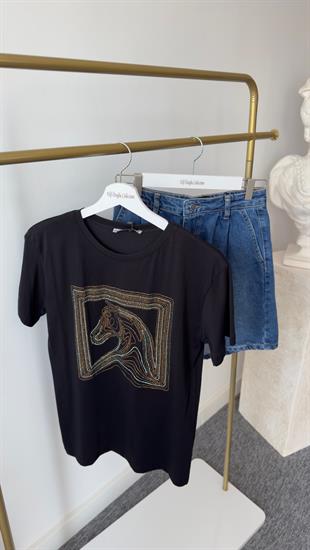 Taş Detay At Baskı Siyah Tshirt