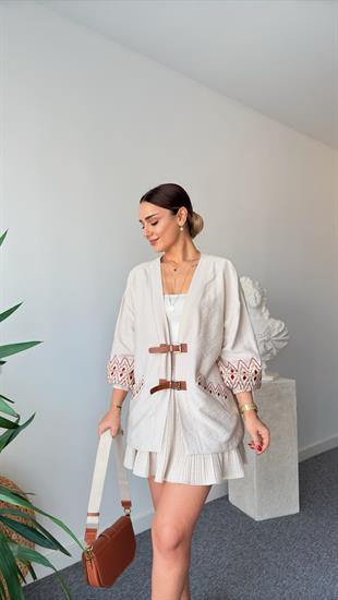 Letre Nakış Detaylı Natural Ceket