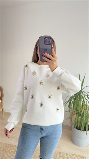 Göz Detaylı Şardonlu Beyaz Sweat
