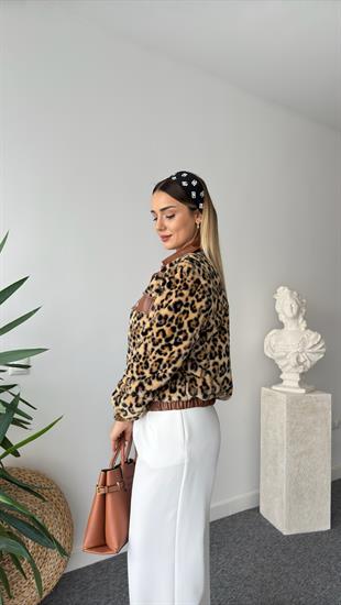 Deri Detaylı Peluş Leopar Ceket