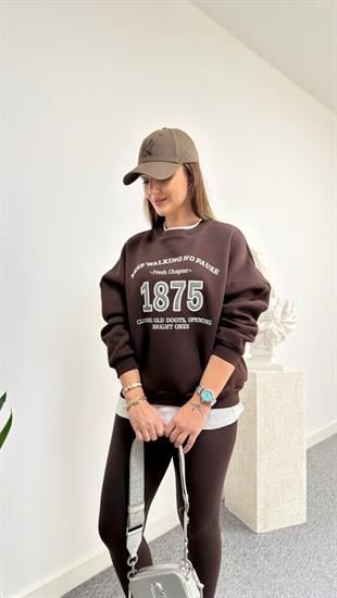 1875 Yazılı Tshirt Detaylı Kahve Sweatshirt