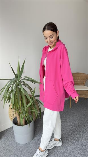 İki İplik Yanları Yırtmaçlı Fuşya Sweat