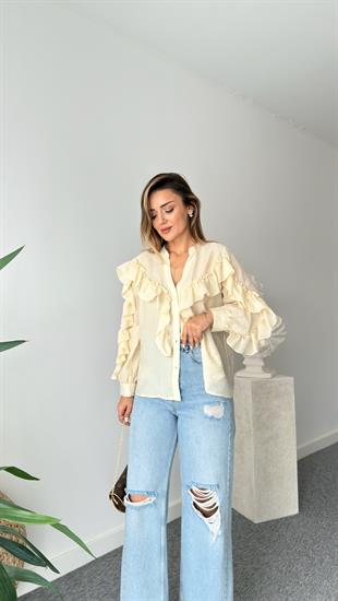 Sarı Fırfırlı Taş Detaylı Gömlek
