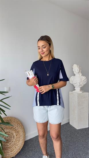 Sırt Poplin Detay Düğmeli Laci Modal Tshirt