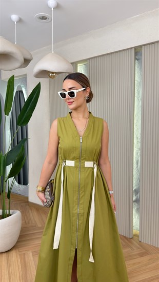 Yeşil Awella V Yaka Fermuarlı Orj Model Elbise 