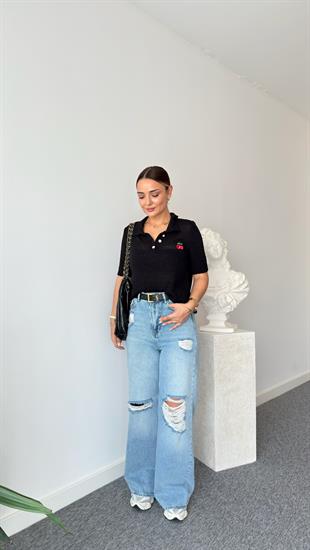 Siyah Kiraz Detaylı Triko Bluz