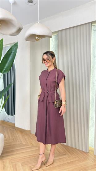 Mürdüm Luvira İnce Kuşaklı Orj Model Tensel Elbise 