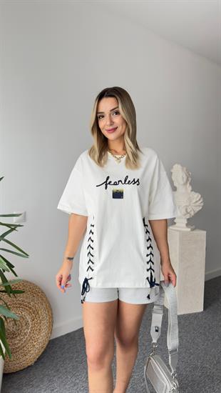 Bağcık Detaylı Tasarım Beyaz Tshirt