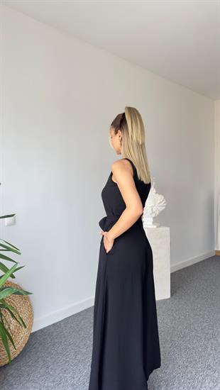 Carta Kuşaklı Siyah Bol Paça Tulum