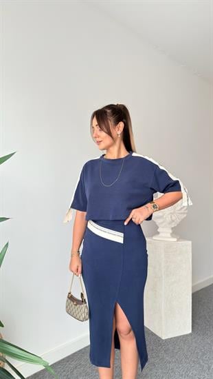 Lacivert Chima Şerit Detaylı Etekli Modal Takım 