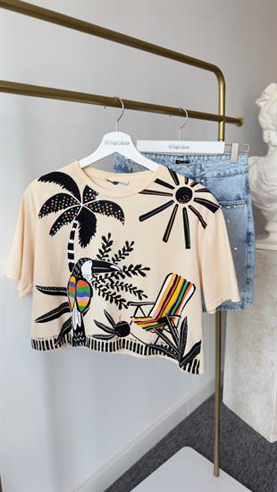 Papağan Baskılı Bej Tshirt