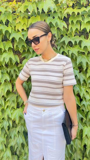 Orj Marka Gri Çizgili Örme Bluz