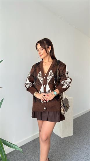 Kahve Paro Taş Detaylı Baklava Desen Hırka