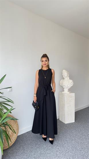 Carta Kuşaklı Siyah Bol Paça Tulum