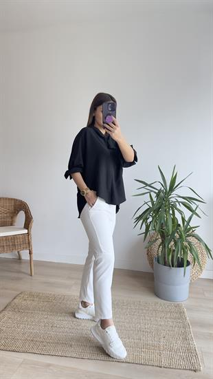 Sırtı Çapraz Detay Siyah Bluz