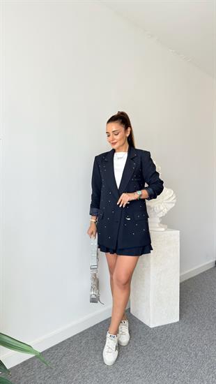 Lacivert Sia Taş Detaylı Blazer Ceket