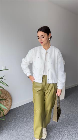 Cylie Zra Model Taşlı Ekru Bomber Ceket
