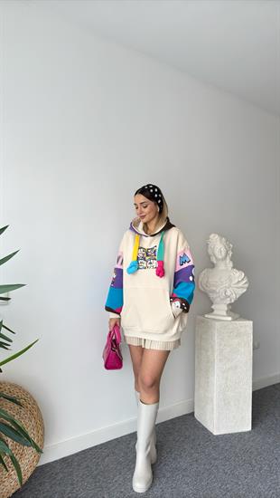 Muril Renkli Baskılı Salaş Bej Sweatshirt 