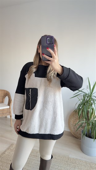 Peluş Detaylı Siyah Sweat
