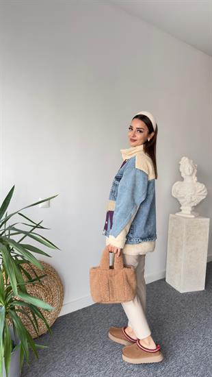 Denim Mix Mor Detay Peluş Mont 