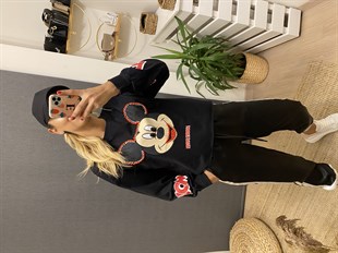 Taşlı Mickey Mouse Siyah Sweat
