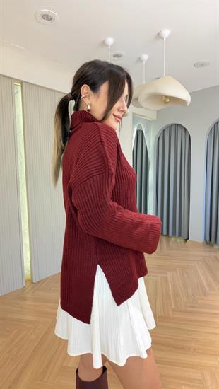 Bordo Lovrink Boğazlı Yırtmaç Detaylı Kazak