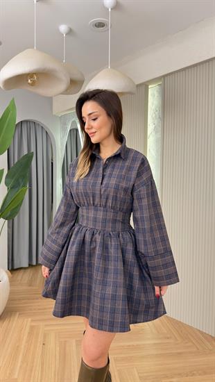 Bel Detaylı Laci Ekose Geçişli Elbise