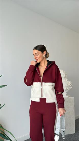 Bordo Latiya Kaşe Detaylı Tasarım Takım