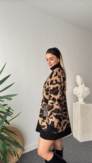 Boğazlı Leopar Desen Tunik Kazak