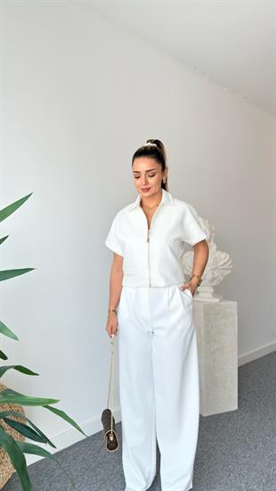 Beyaz Fermuarlı Zra Model Ceket Takım