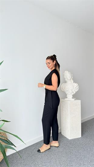 Siyah Volze Kemerli Kruvaze Tulum