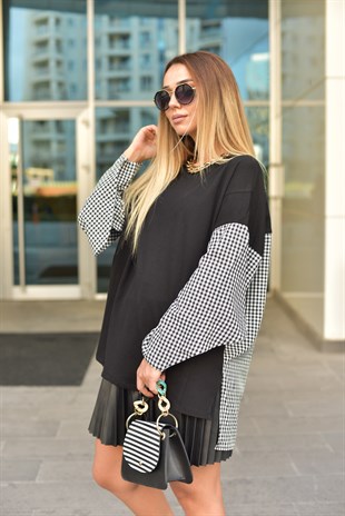 Ekose Detaylı Siyah Sweat