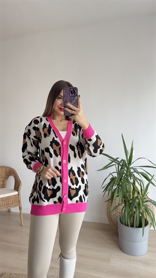Pembe Şeritli Leopar Hırka