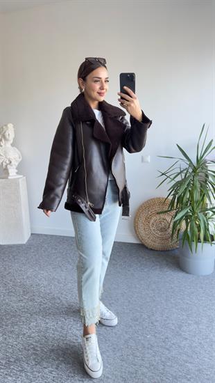 Zra Model Kemerli Kahve Biker Mont
